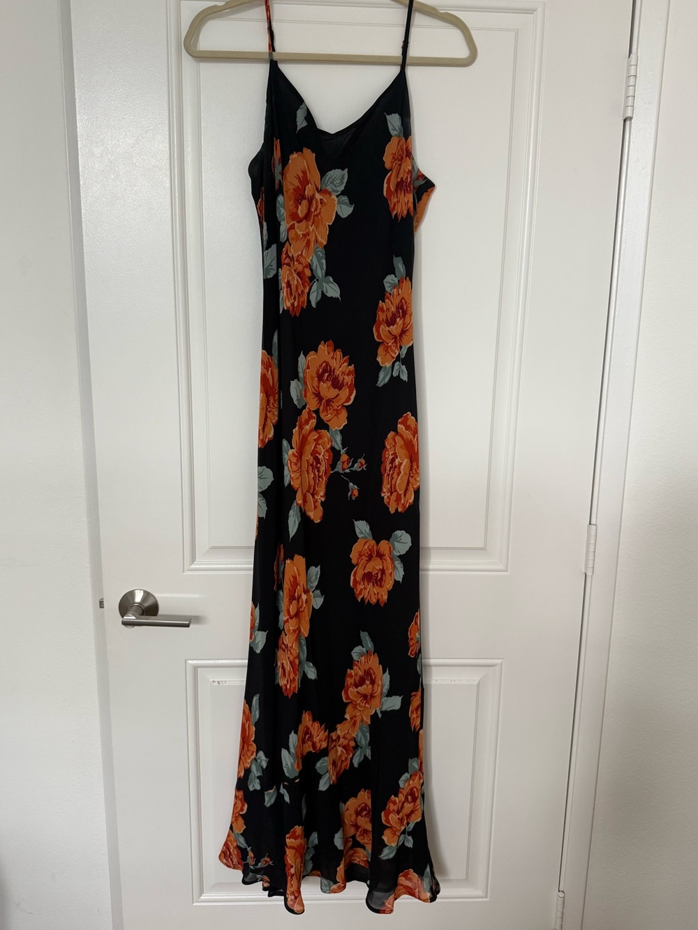 Reformation Black Slip Dress with Orange Floral Print